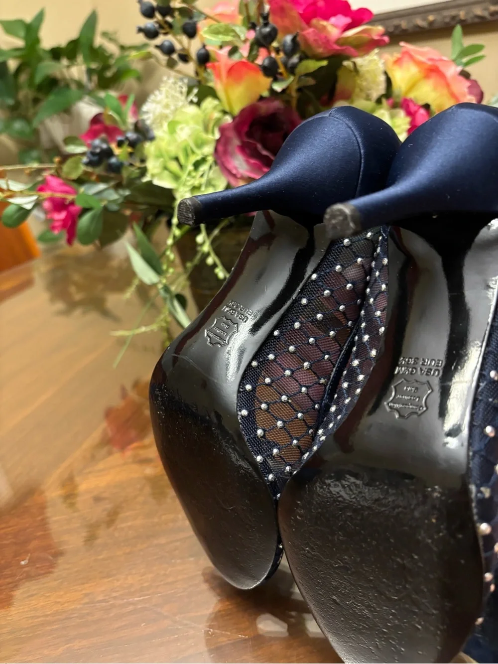 Nina Navy Peep-Toe Heels with Bow and Studded Mesh 6.5 M
